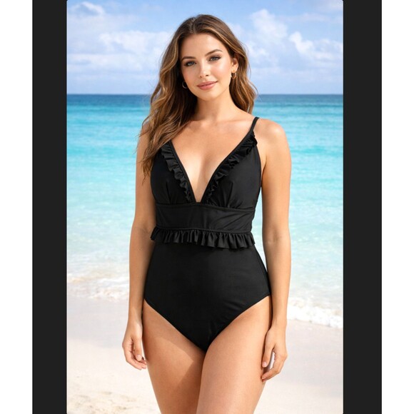 J.Crew Ruffle Plunge One-Piece Swimsuit Size 10 Black Deep V-Neck BC107 Boho NWT